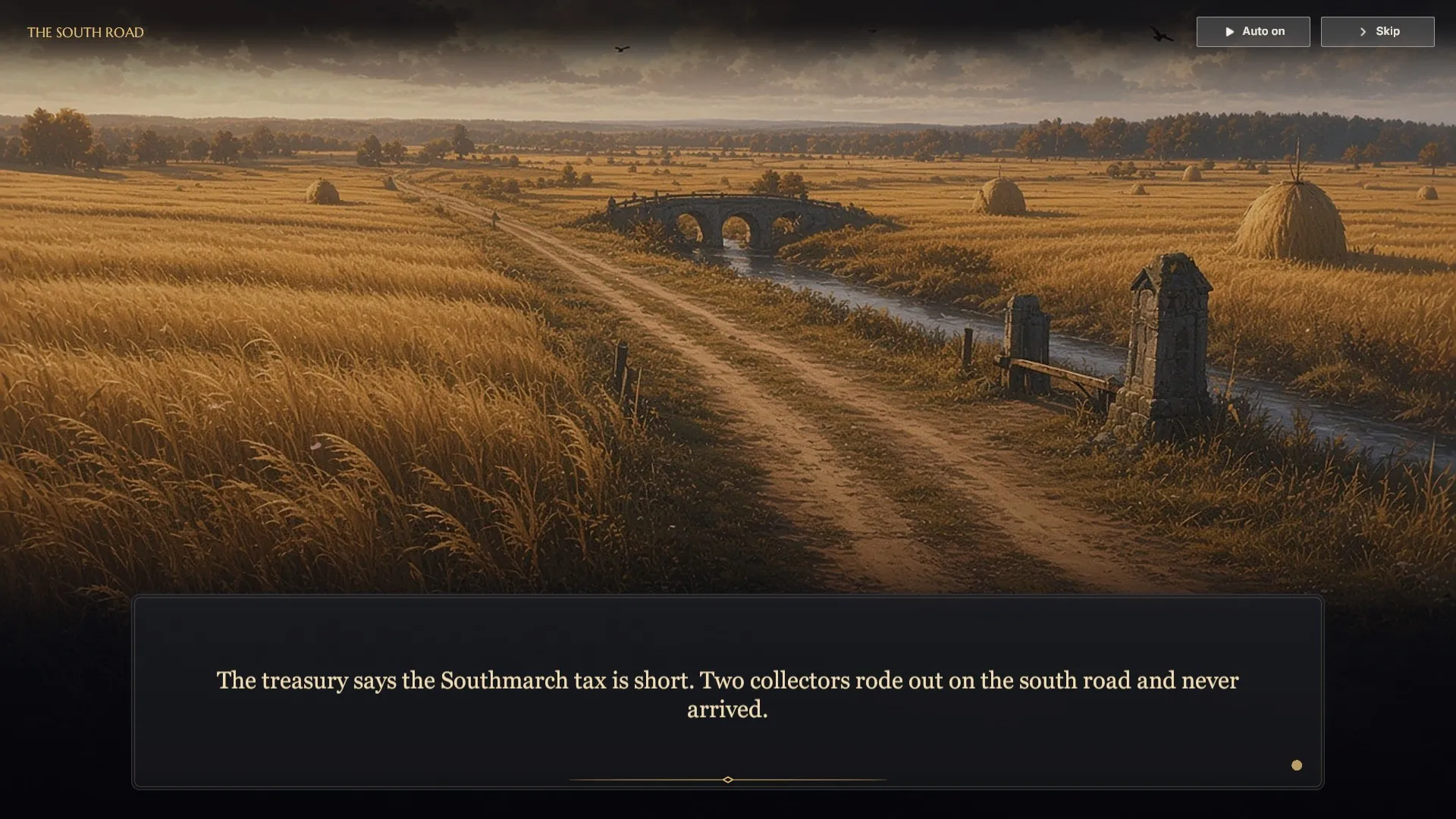A voiced story scene: a speaker stands over a painted place with a line of dialogue.