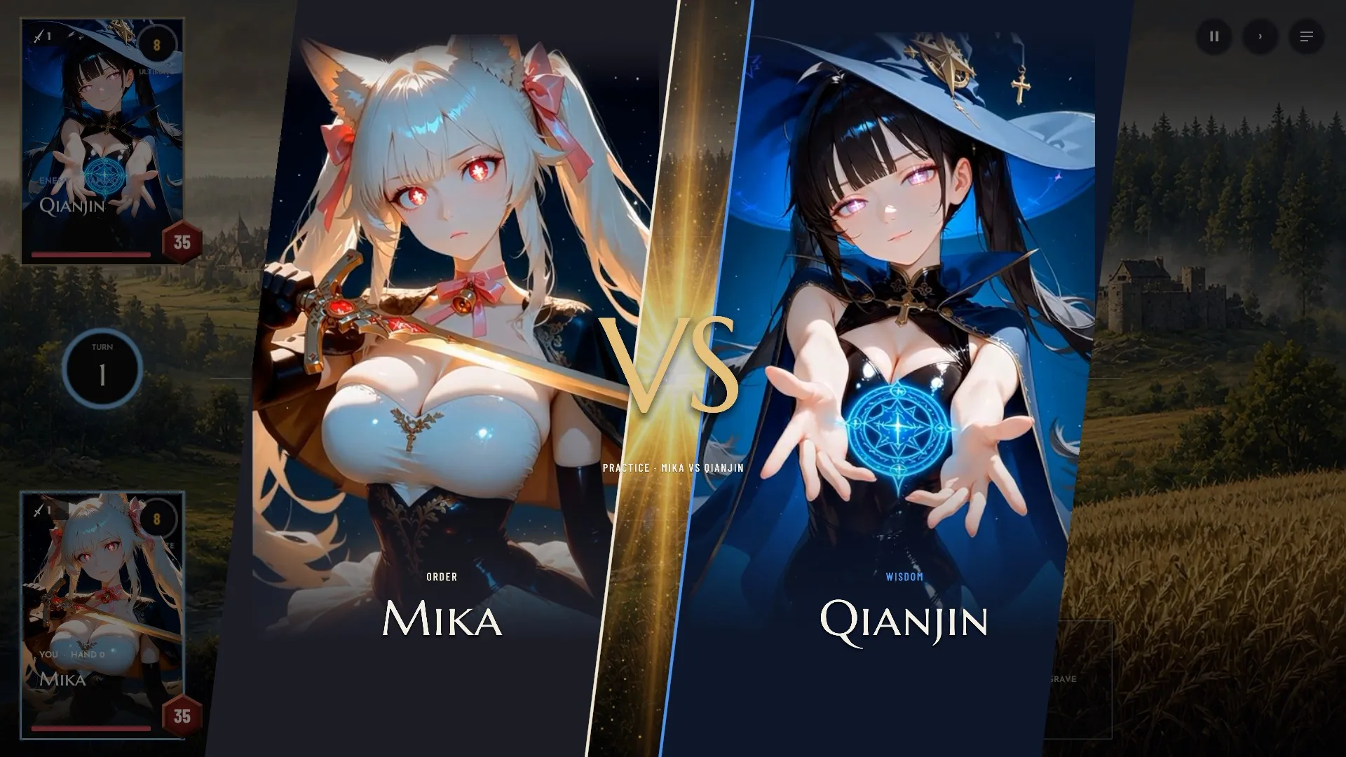 Two avatars face each other on slanted panels before a fight begins.
